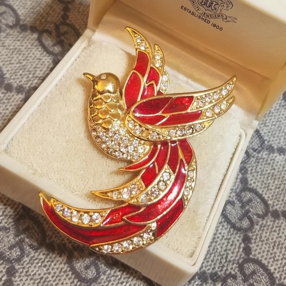Vintage Designer Giorgio Red Enamel Crystal Bird Brooch